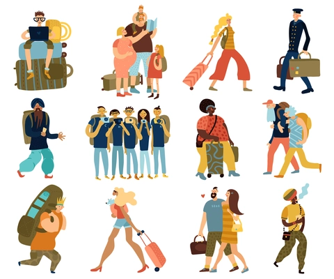 People trips isolated icons set with cartoon groups of traveling tourists of different races and nationalities flat vector illustration