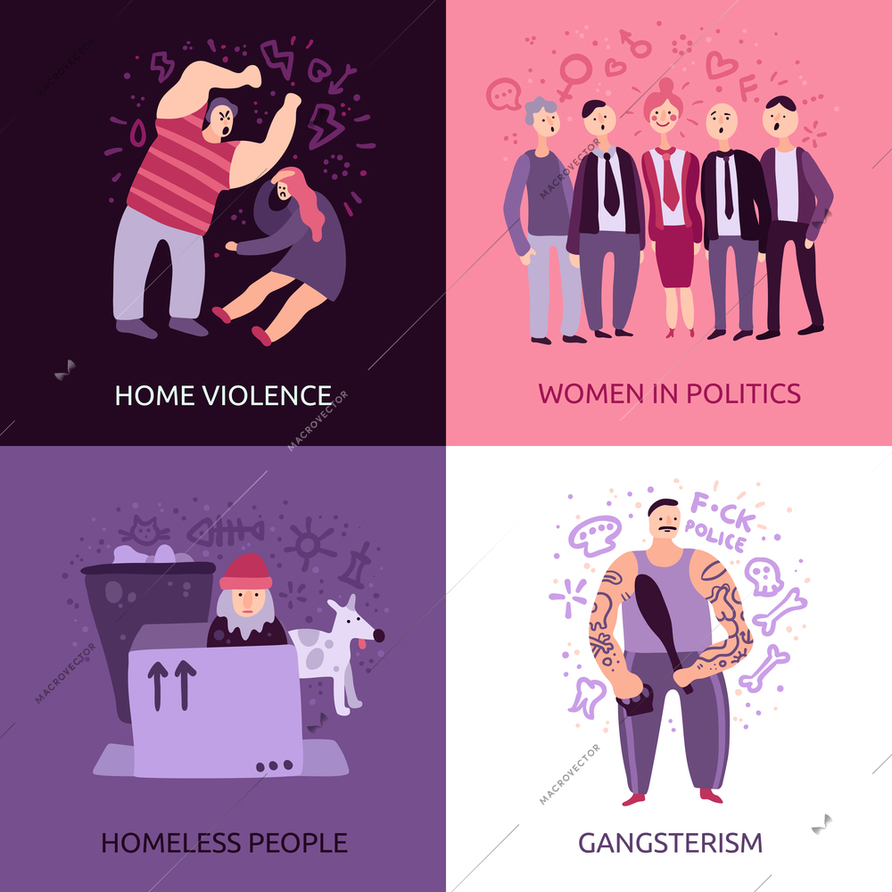 Social problems 2x2 design concept set of home violence gangsterism homeless people women in politics square icons flat vector illustration