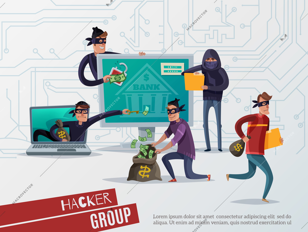 Colored internet hacker composition with hacker group headline and group of thieves steal information vector illustration