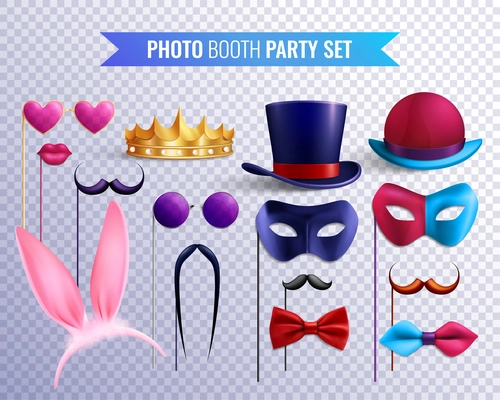 Photo booth party transparent set of isolated stickers masks and hats with moustache and glasses images vector illustration