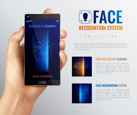 Face identification background with image of facial scanner smartphone app human hand and editable text description vector illustration