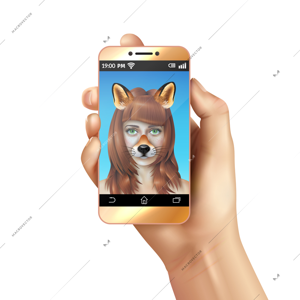 Cute animal faces smartphone mobile app composition with emojji  creation on woman face vector illustration