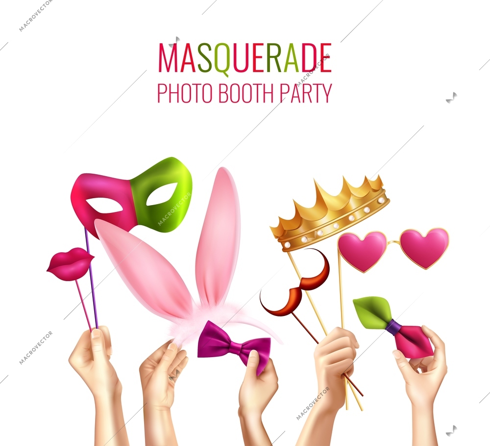 Photo booth party composition with human hands realistic images and custom hats bow tie sticker masks vector illustration