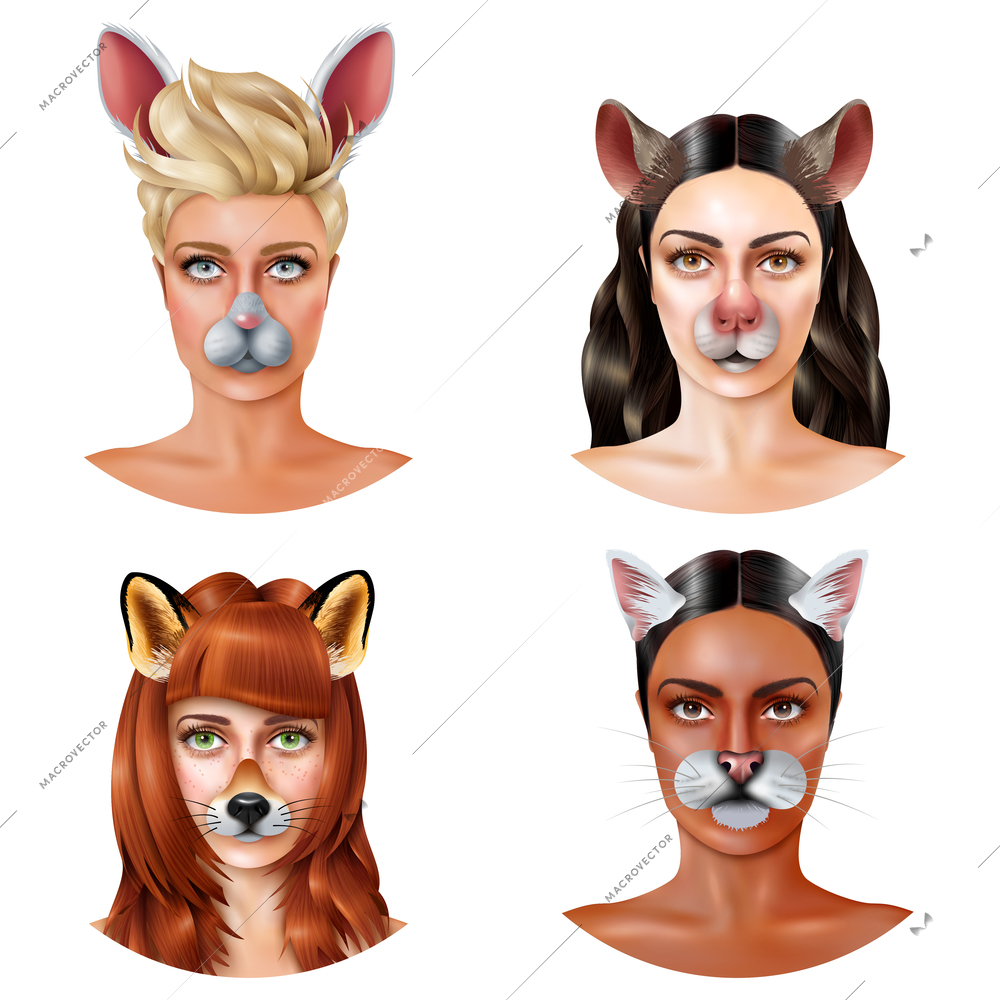 Four isolated cute animal faces design concept female faces with animal faces vector illustration