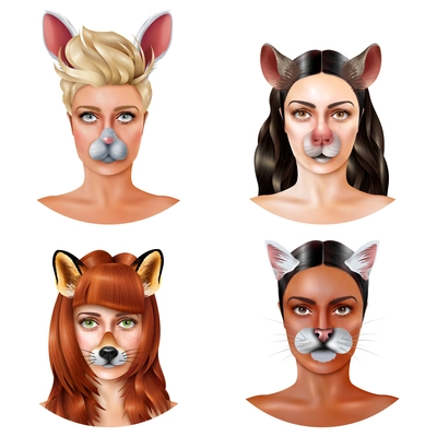 Four isolated cute animal faces design concept female faces with animal faces vector illustration