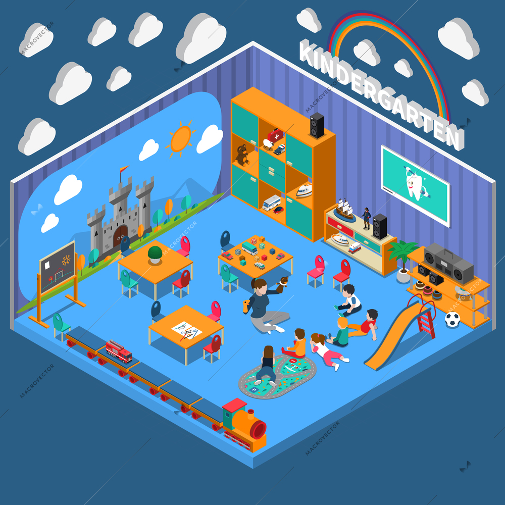 Kindergarten isometric composition on blue background with educator during activities with kids, interior elements vector illustration