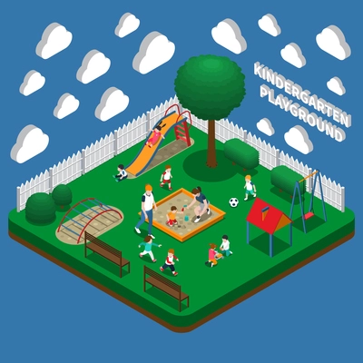 Kindergarten play ground, kids with educators during outdoor games isometric composition on blue background vector illustration