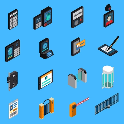 Access identification isometric icons, id card, biometric authentication, electronic signature, combination lock, blue background isolated vector illustration