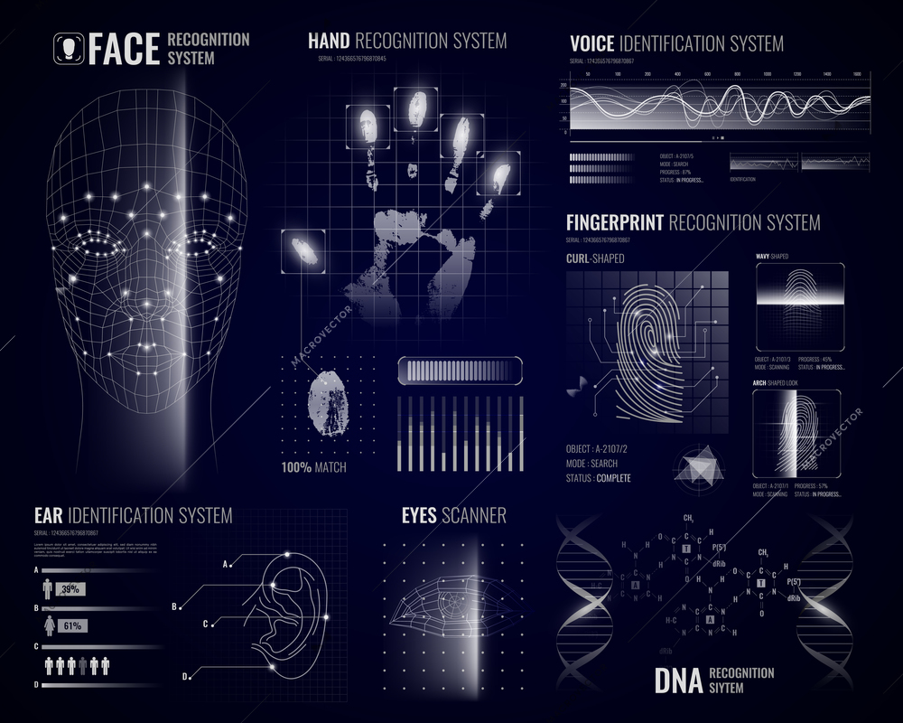 Authorization verification biometric scanners white background with futuristic identification interface images fingerprints and infographic design elements vector illustration