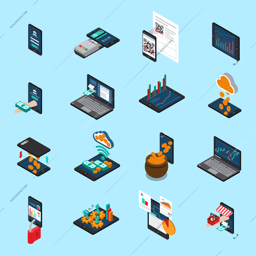 Financial technology isometric icons, online account, lending, cash transaction, crypto currency mining, bill payment isolated vector illustration