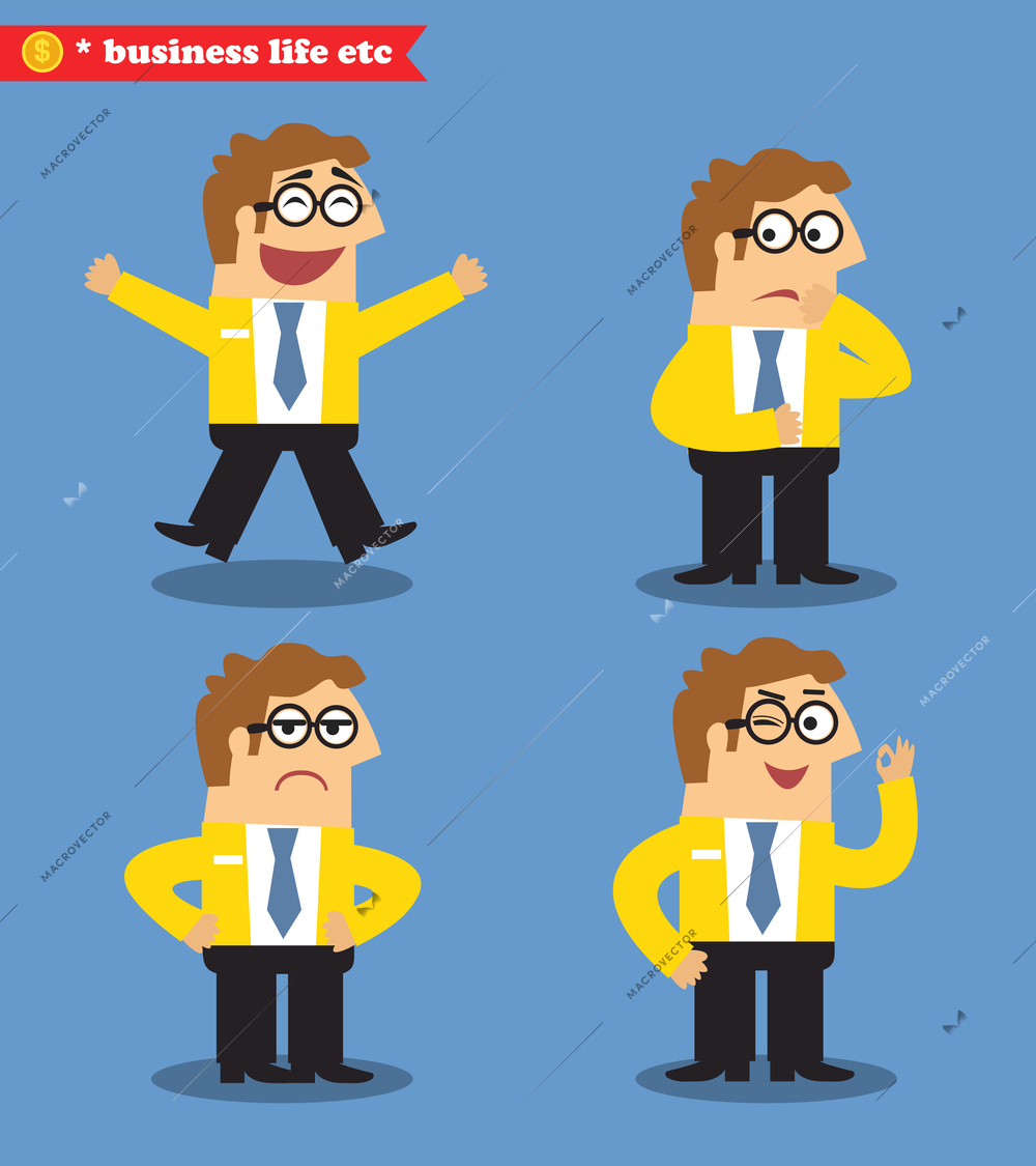 Office business man emotions poses set vector illustration