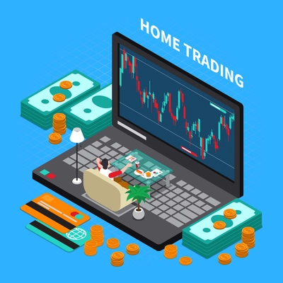 Online trading on stock exchange at home isometric composition with money, laptop, payment cards, vector illustration