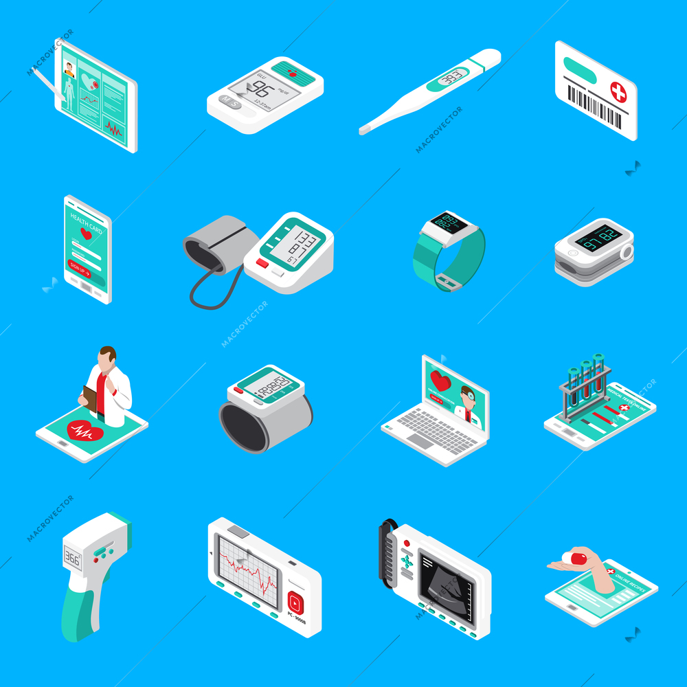 Medical gadgets including blood pressure monitor, glucometer, thermometer, pocket cardiograph, isometric icons, blue background, isolated vector illustration