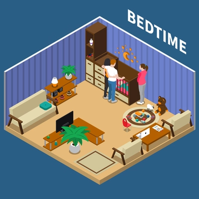 Nanny and parents near cot with child bedtime isometric composition with interior elements vector illustration