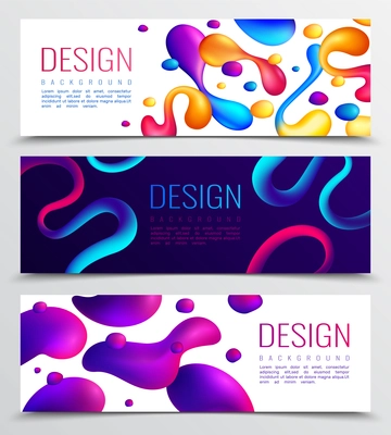 Set of three fluid neon holographic abstract design horizontal banners with colourful drops and editable text vector illustration