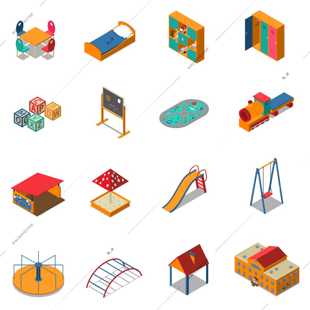 Kindergarten building with interior elements, play ground with sand box, slide, swing, isometric icons isolated vector illustration