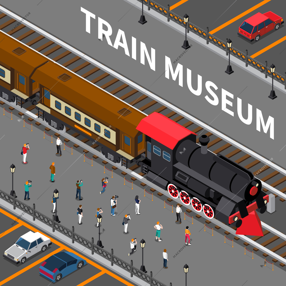 Train museum isometric composition with black red retro locomotive and old carriages, tourists during photography vector illustration