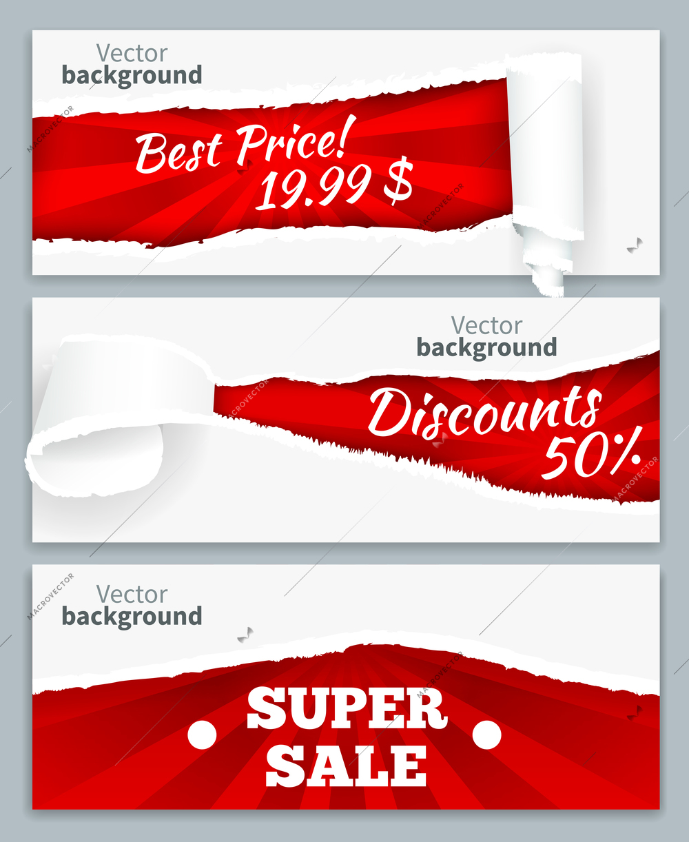 Torn paper curls revealing super sales discount prices on red background realistic horizontal banners set vector illustration