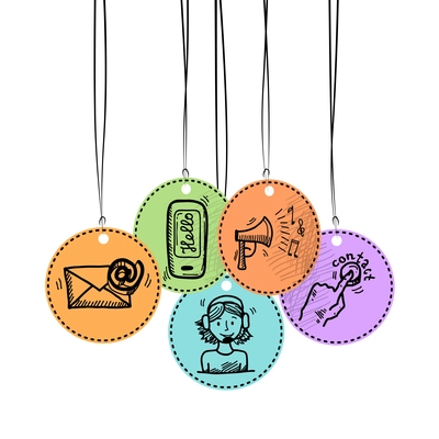 Contact us phone customer service user support hang tags sketch set vector illustration