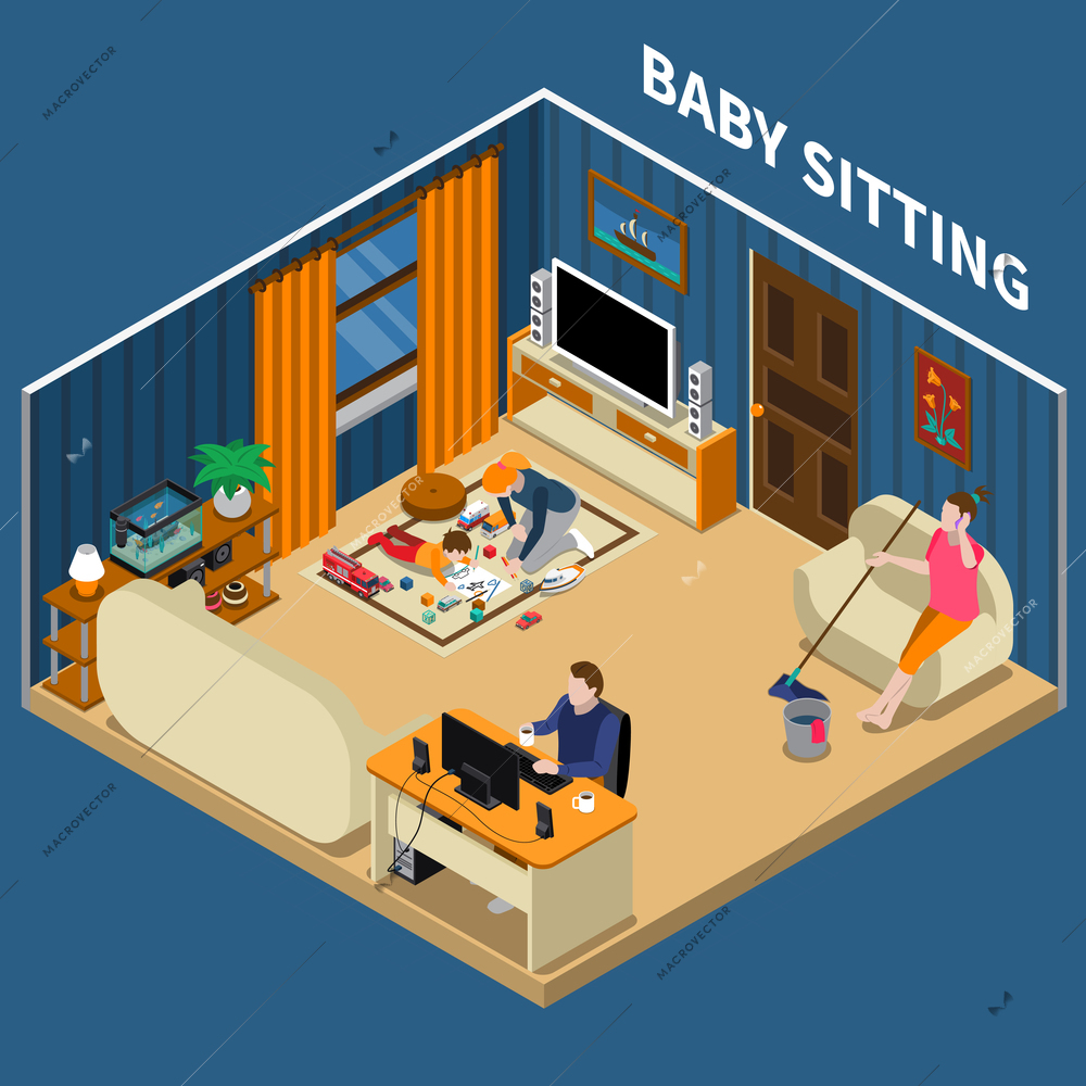 Baby sitter during classes with child, mother during housework, father near computer isometric composition vector illustration