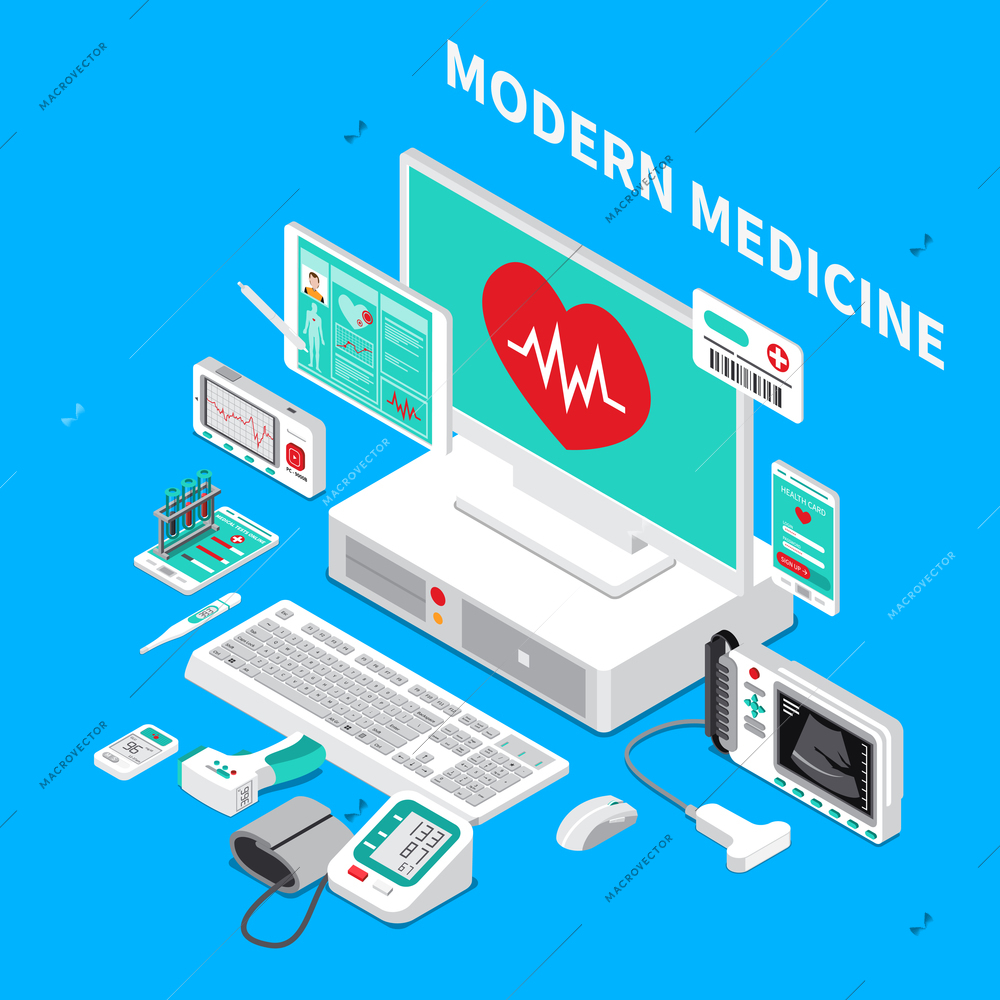 Medical gadgets including pocket cardiograph, handheld ultrasound scanner, glucometer, thermometer, isometric composition on blue background vector illustration
