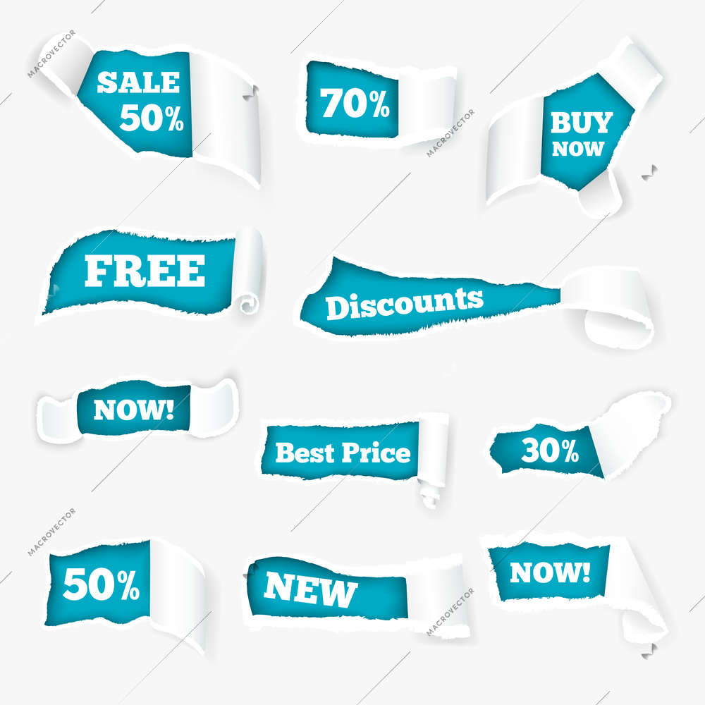 Creative torn paper curls sales advertisement exposing discount prices in holes realistic images set isolated vector illustration