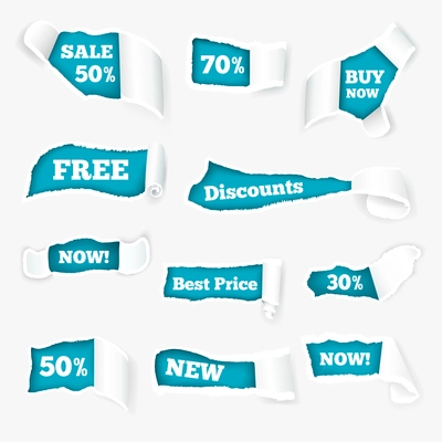 Creative torn paper curls sales advertisement exposing discount prices in holes realistic images set isolated vector illustration