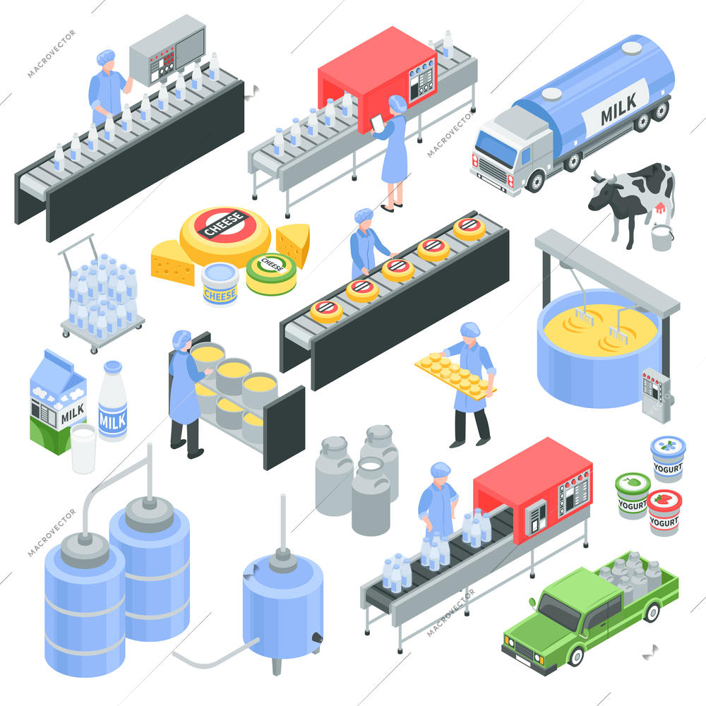 Dairy factory isometric icons with pouring milk in bottle, cheese production, transportation for delivery isolated vector illustration