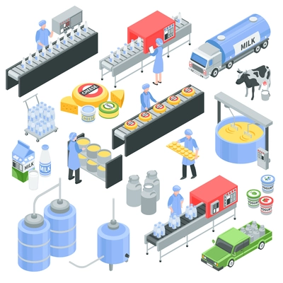 Dairy factory isometric icons with pouring milk in bottle, cheese production, transportation for delivery isolated vector illustration