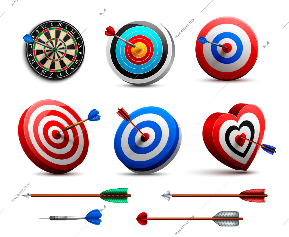 Targets round and heart shaped realistic images set with darts game flights accessories supply isolated vector illustration