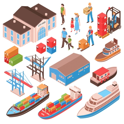 Sea port isometric set with city persons, pier building, cargo ships, harbor facilities isolated vector illustration