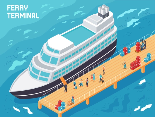 Ferry terminal with modern vessel, tourists and loaders with cargo on pier, isometric vector illustration