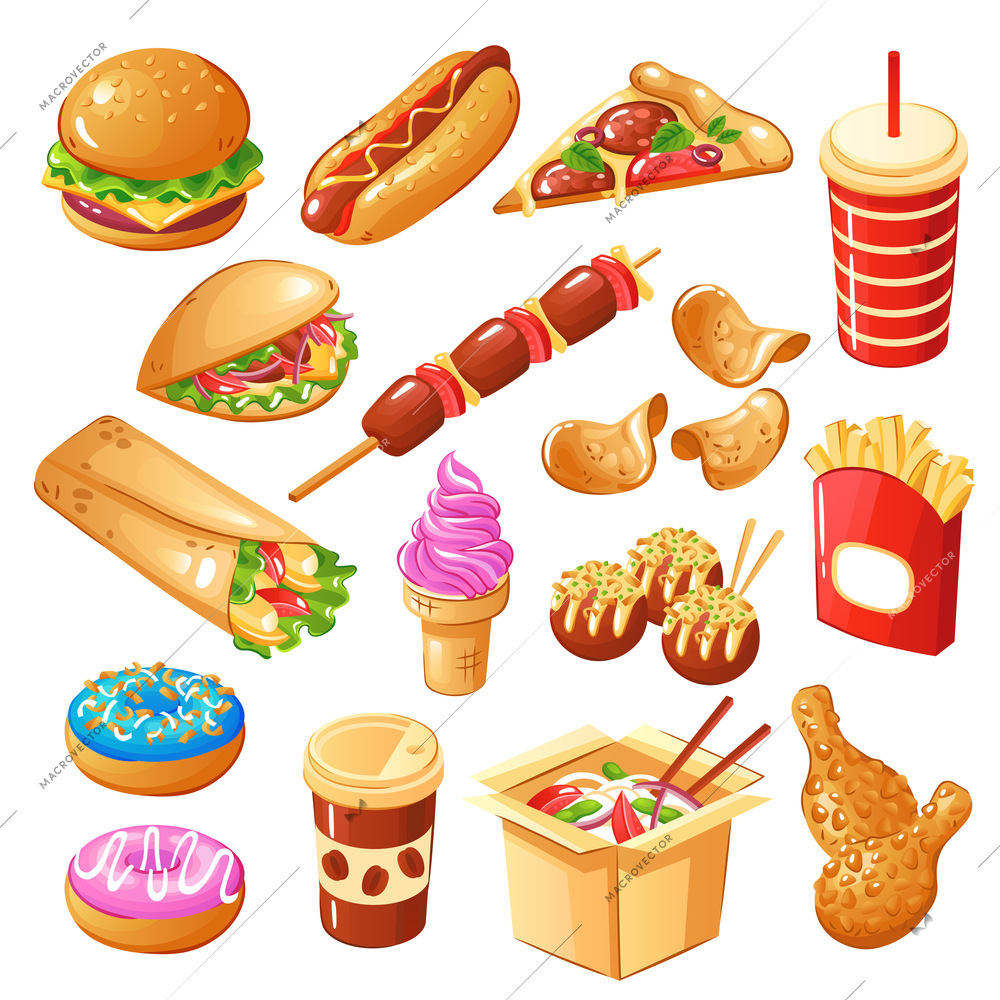 Set of icons fast food including drinks, sandwiches, noodle, sweets, fried potato, chicken legs isolated vector illustration