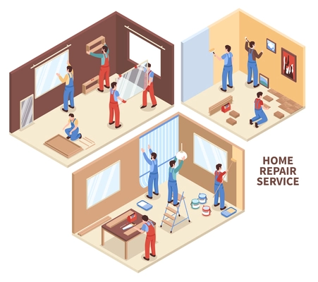 Home repair isometric compositions with painting of walls, parquet works, carpentry, windows installation isolated vector illustration