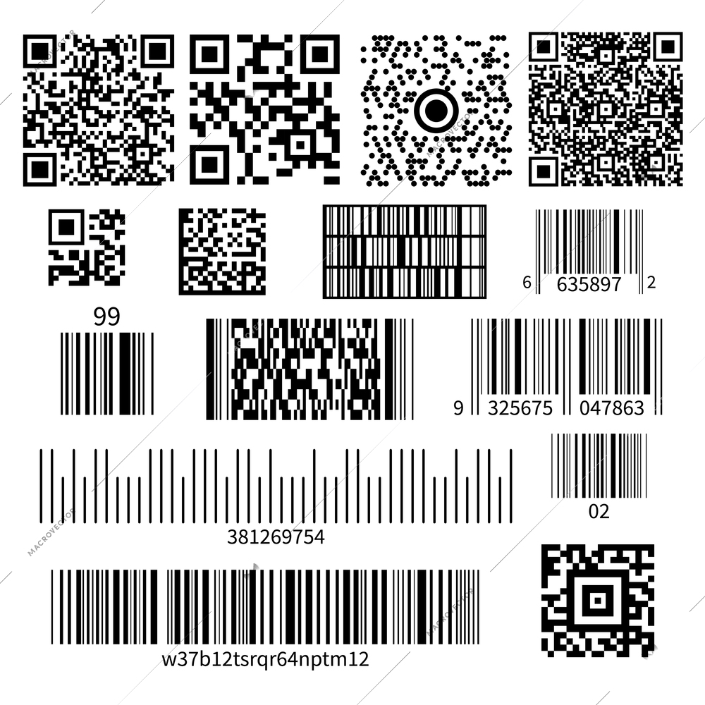 Universal product code barcode types realistic set with two dimensional matrix symbols and numbers system vector illustration