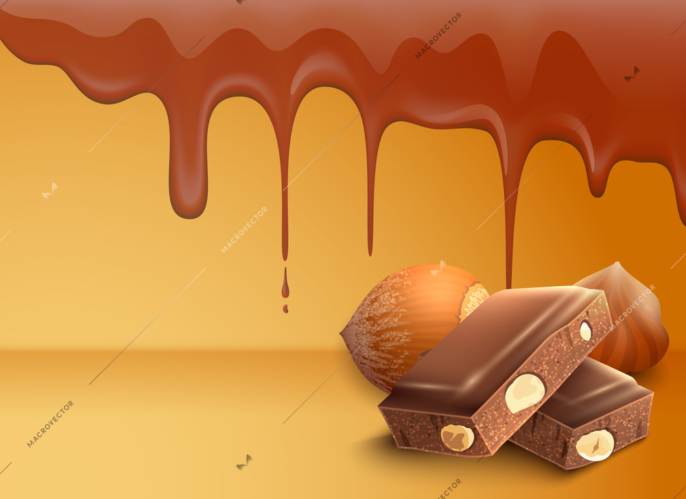 Dripping melting chocolate drops background with hazelnuts realistic vector illustration