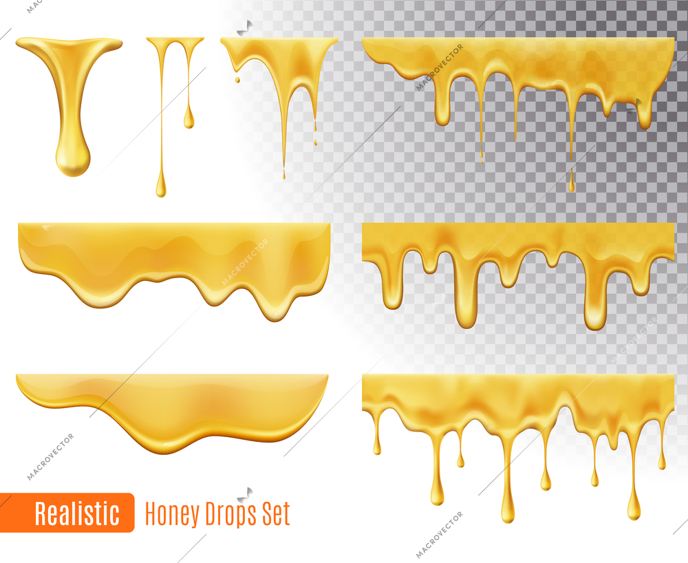 Melting honey drops realistic transparent set isolated vector illustration