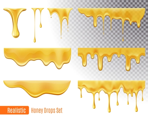 Melting honey drops realistic transparent set isolated vector illustration