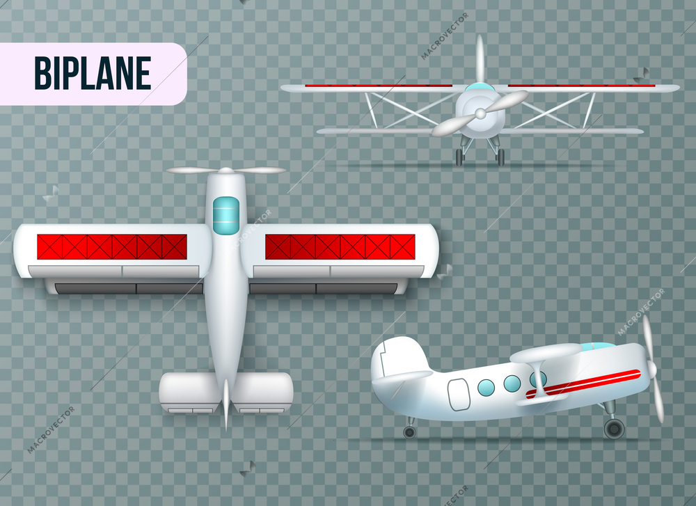 Biplane aircraft two wings airplane top side and front view realistic set transparent background shadow vector illustration