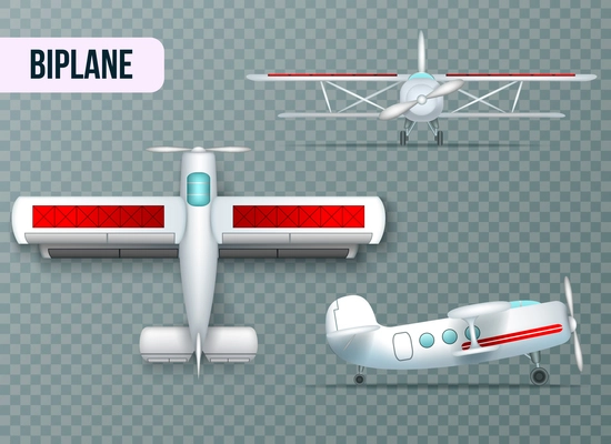 Biplane aircraft two wings airplane top side and front view realistic set transparent background shadow vector illustration