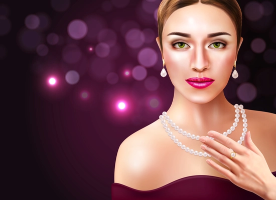 Woman wearing pearls accessories with beauty and fashion symbols  realistic vector illustration