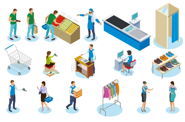 People during shopping isometric icons with trade equipment, sellers, vegetables, clothing and shoes isolated vector illustration