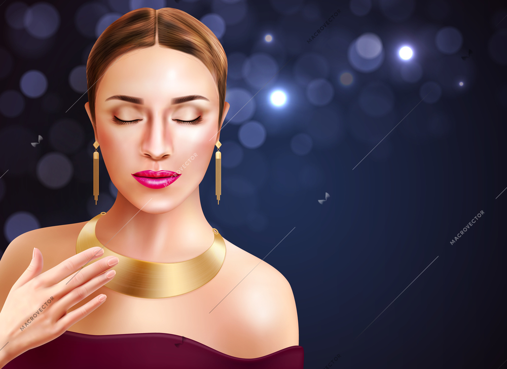 Woman and jewelry accessories with golden earrings and necklace realistic vector illustration
