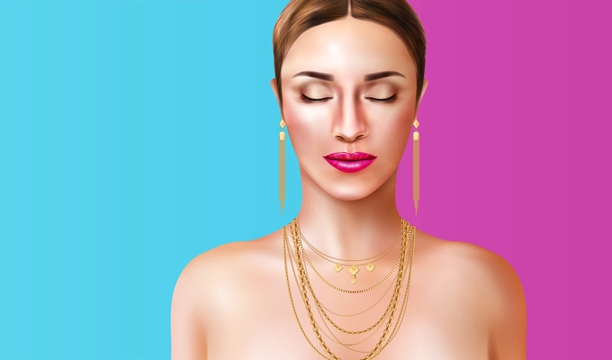 Woman wearing jewelry accessories on blue and pink background realistic vector illustration