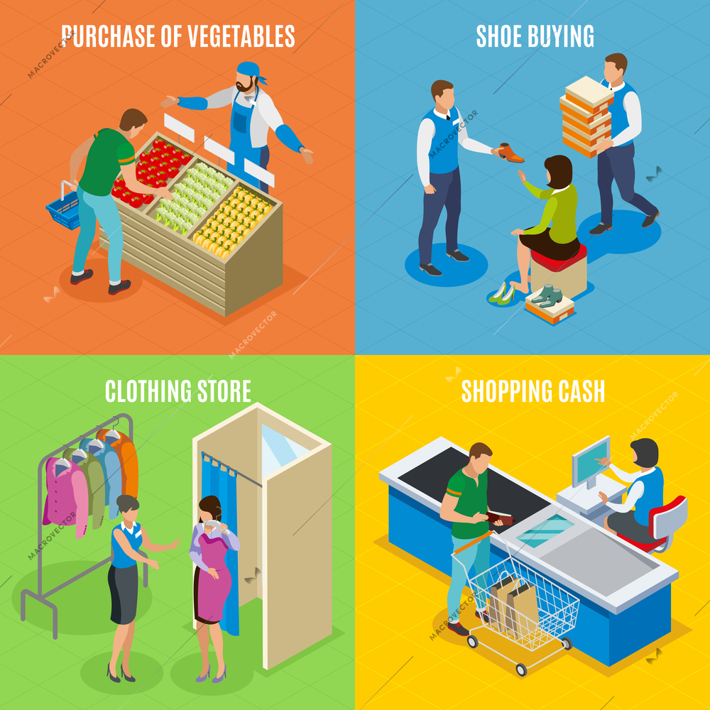 Shopping people isometric design concept with purchase of vegetables, shoe buying, clothing store, cashier isolated vector illustration