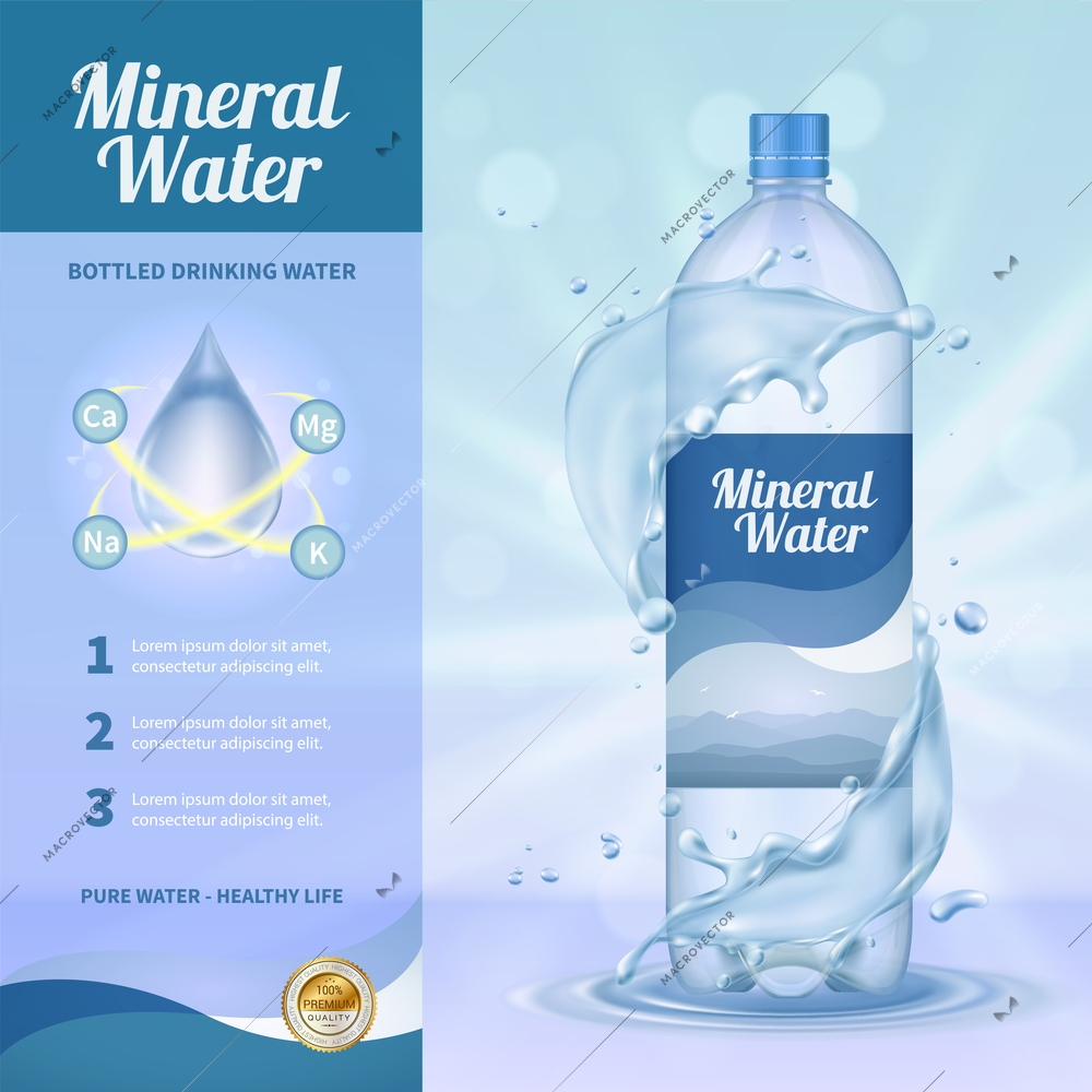 Drinking water advertising composition with mineral water symbols realistic vector illustration