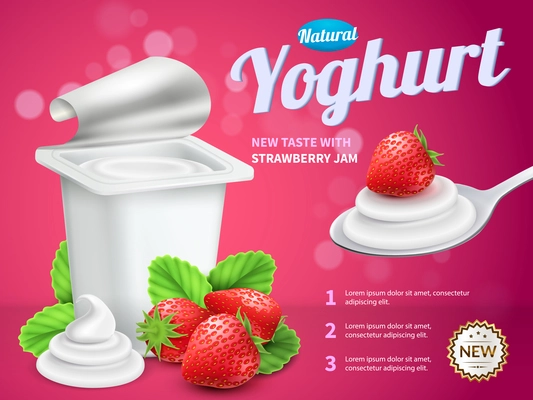 Yoghurt package advertising composition with strawberry yoghurt symbols realistic vector illustration