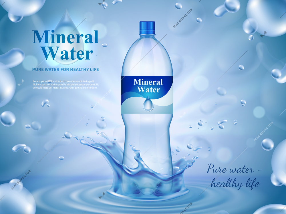 Mineral water advertising composition with bottled water symbols realistic vector illustration