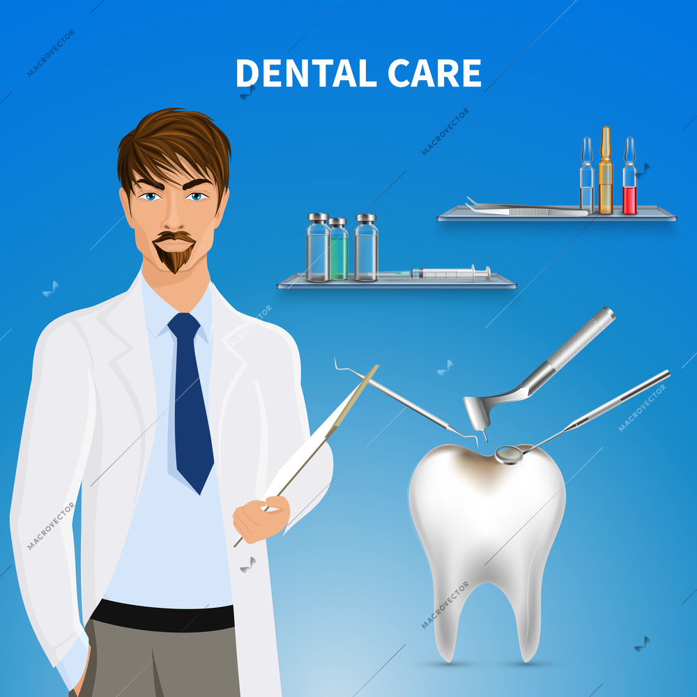 Dental oral care realistic composition with male doctor and mirror drill instruments removing tooth decay vector illustration