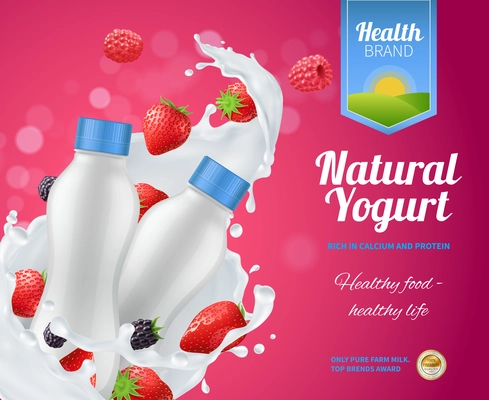 Berry yogurt advertising composition with natural yoghurt symbols realistic vector illustration